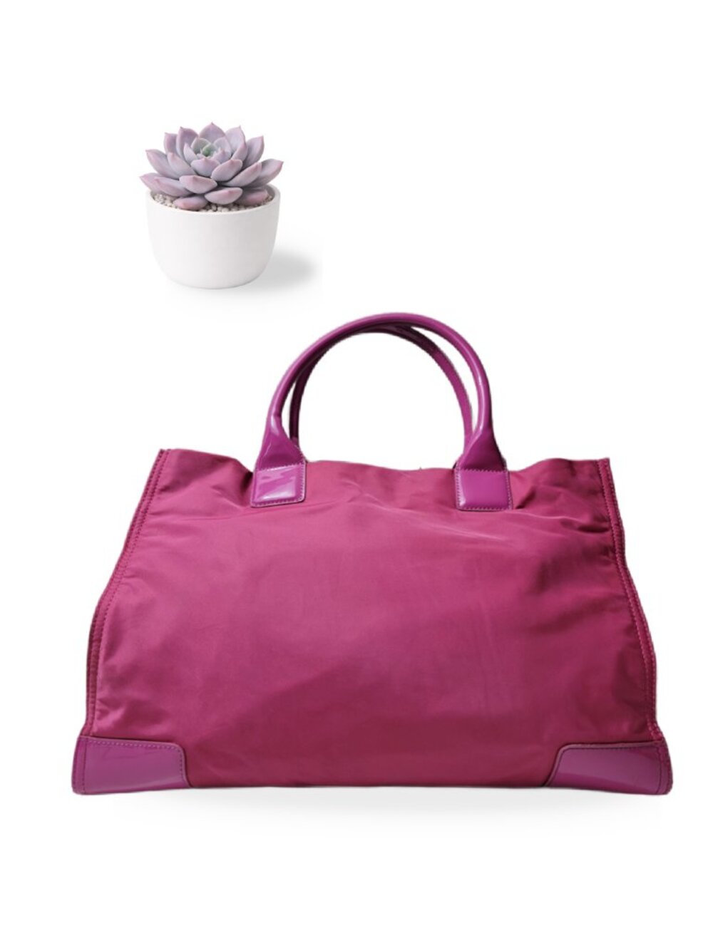 Tory Burch Ella Nylon Tote Bag Large Magenta Pink Patent Leather Shoulder Purse - Picture 3 of 14